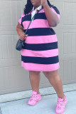 Розовое модное повседневное платье больших размеров с полосатым принтом, базовое платье с отложным воротником и короткими рукавами