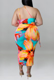 Cyan Fashion Sexy Print Bandage Backless Spaghetti Strap Sleeveless Dress Plus Size Dresses