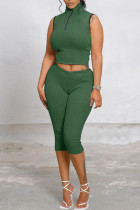 Green Fashion Casual Solid Basic Turtleneck Sleeveless Two Pieces