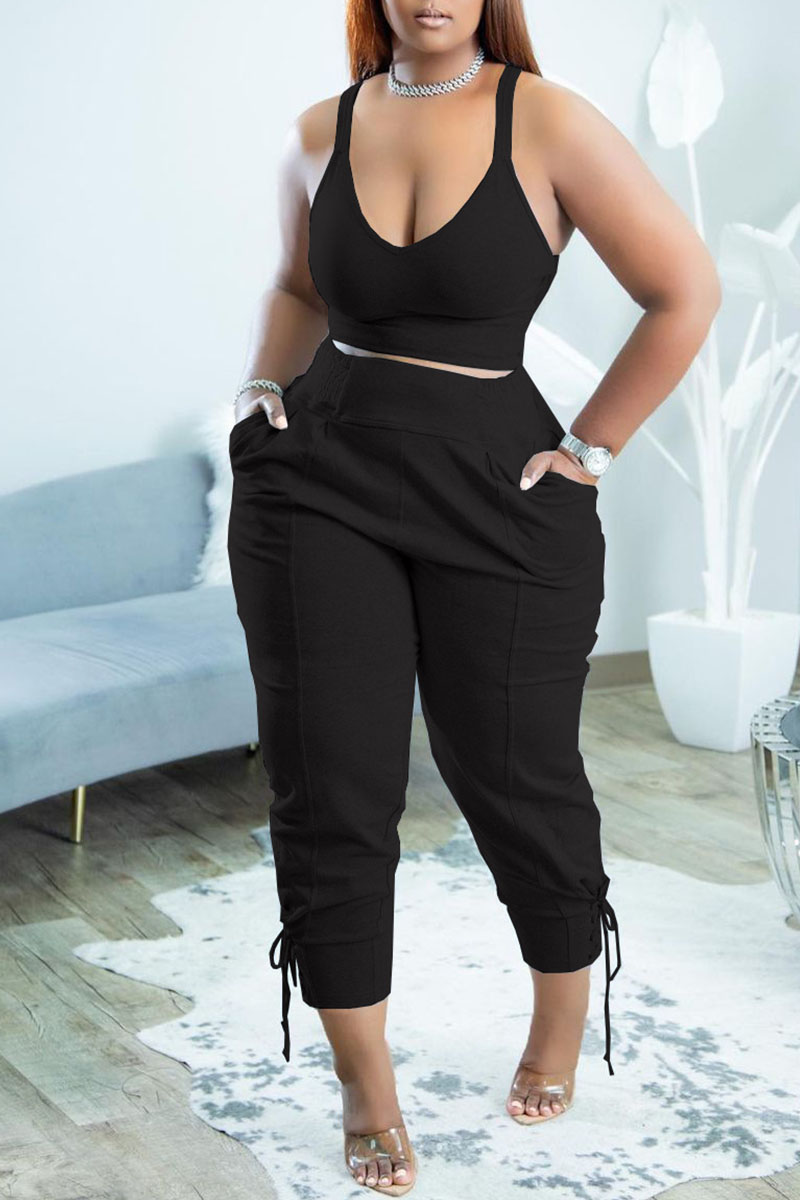 

Black Casual Solid Split Joint Spaghetti Strap Sleeveless Two Pieces