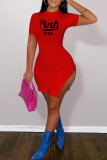 Red Fashion Casual Letter Print Slit O Neck Short Sleeve Dress