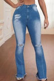 Blue Sexy Solid Ripped Mid Waist Boot Cut Denim Jeans