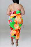 Cyan Fashion Sexy Print Bandage Backless Spaghetti Strap Sleeveless Dress Plus Size Dresses