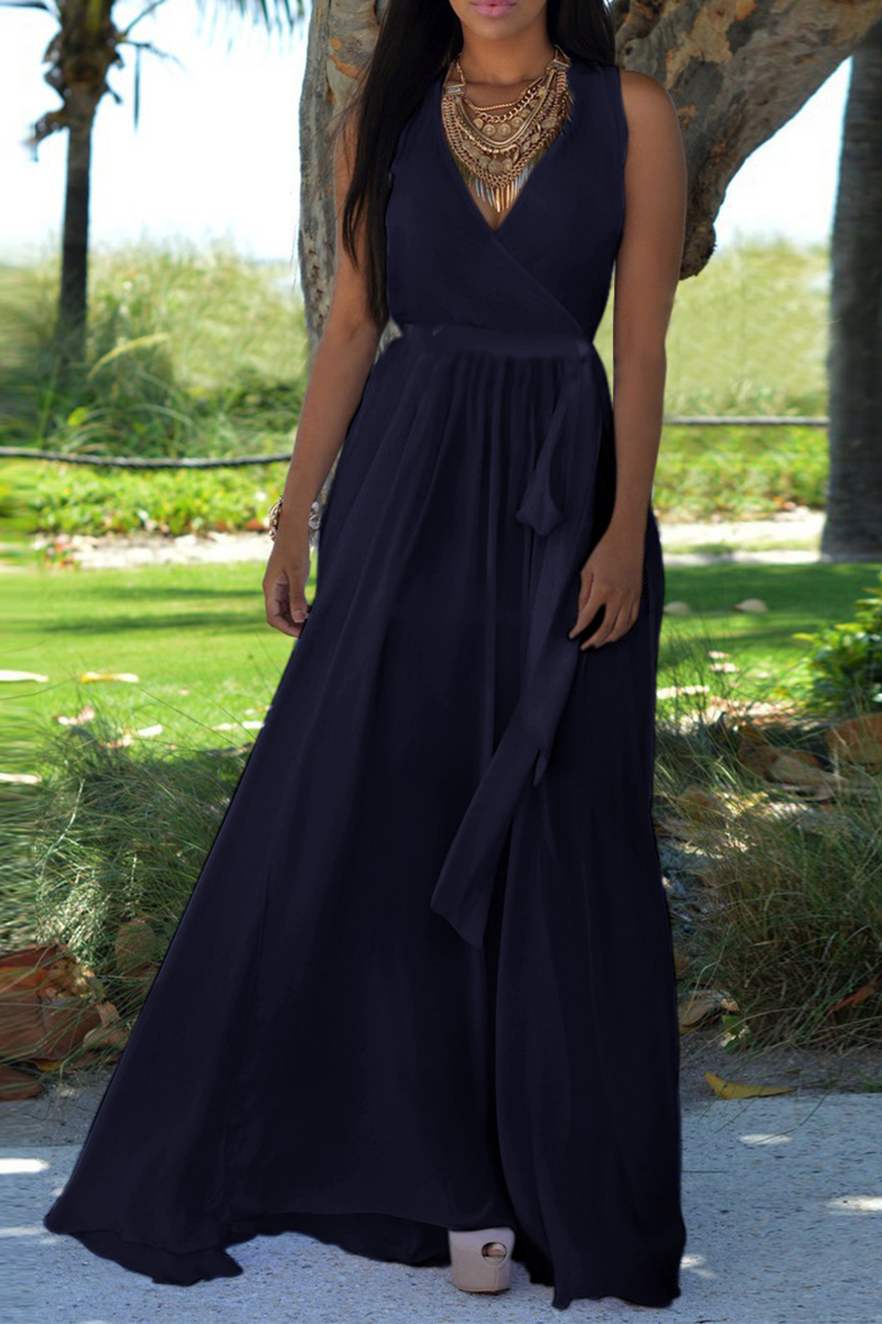 

Deep Blue Fashion Solid Split Joint V Neck Waist Skirt Dresses