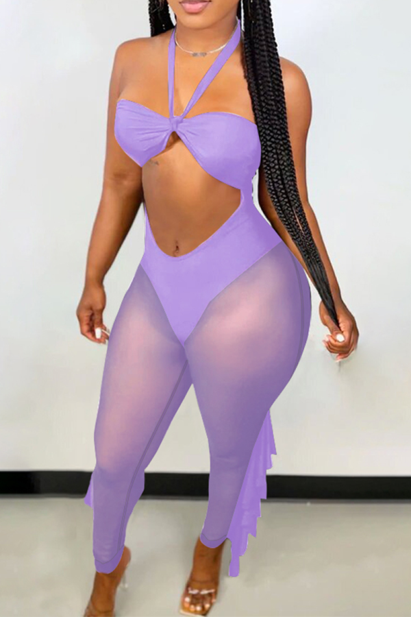 Purple Sexy Solid Flounce Mesh Halter Skinny Jumpsuits