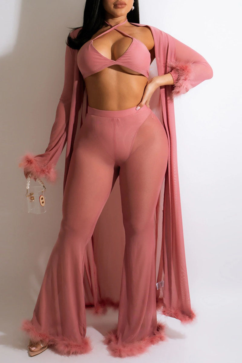 

Pink Sexy Solid Split Joint Feathers Long Sleeve Two Pieces