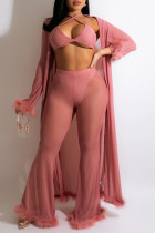 Pink Sexy Solid Patchwork Feathers Long Sleeve Two Pieces