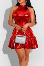 Rote sexy solide Patchwork-Kleider mit rückenfreiem Volant und Neckholder in A-Linie