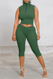 Green Fashion Casual Solid Basic Turtleneck Sleeveless Two Pieces