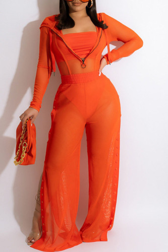 Tangerine Red Sexy Solid Patchwork See-through Hooded Collar Long Sleeve Three Pieces