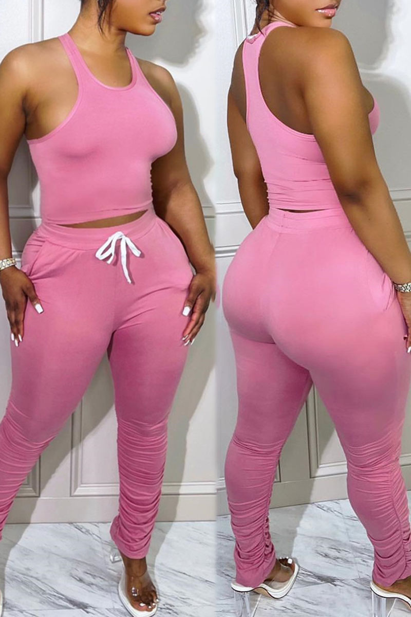 

Pink Casual Sportswear Solid Split Joint O Neck Sleeveless Two Pieces