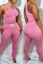 Abbigliamento sportivo casual rosa tinta unita patchwork O collo senza maniche due pezzi