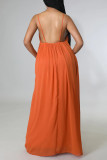 Tangerine Red Casual Solid Patchwork Backless Spaghetti Strap Sling Dress Dresses