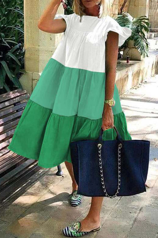 Зеленые повседневные однотонные платья в стиле пэчворк с круглым вырезом