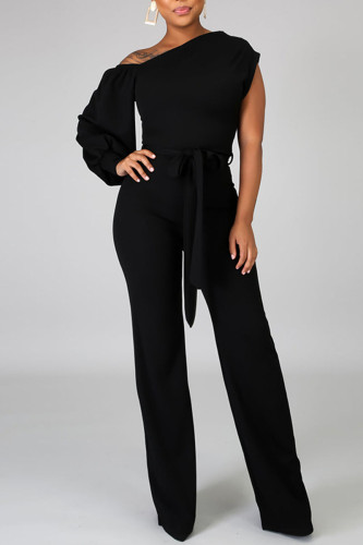 Black Fashion Casual Solid Split Joint Asymmetrical Asymmetrical Collar Straight Jumpsuits