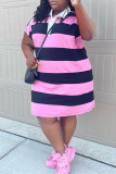 ピンクファッションカジュアルプラスサイズストライププリントベーシックターンダウンカラー半袖ワンピース