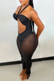 Zwarte sexy effen volant mesh halter skinny jumpsuits