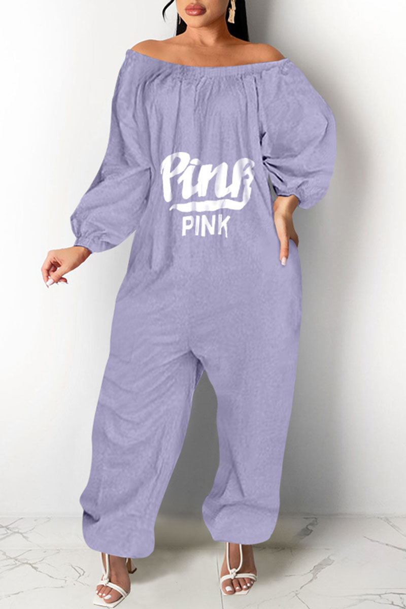 

Purple Casual Print Split Joint Off the Shoulder Loose Jumpsuits