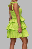 Green Sweet Solid Bandage Patchwork Flounce Spaghetti Strap Cake Skirt Dresses