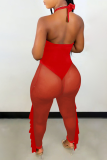 Macacão skinny vermelho sexy com babados de malha sólida