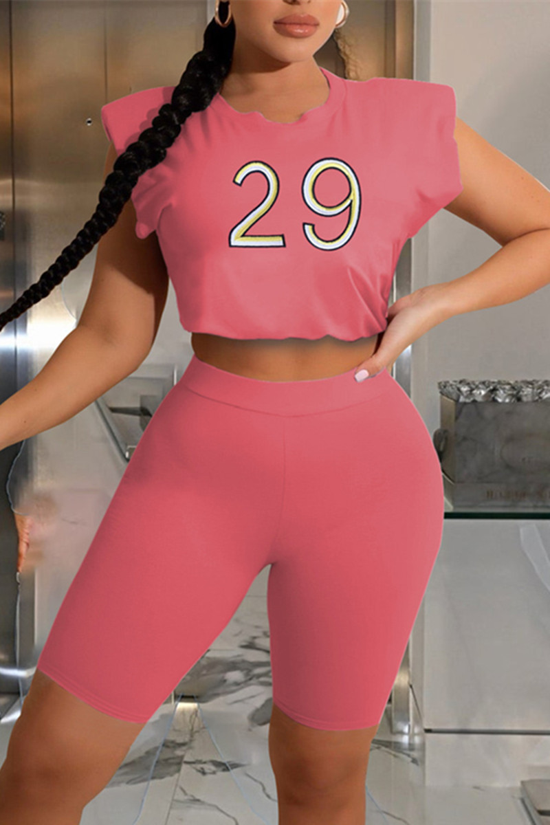 

Pink Fashion Casual Solid Embroidered O Neck Sleeveless Two Pieces