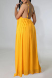 Yellow Casual Solid Patchwork Backless Spaghetti Strap Sling Dress Dresses