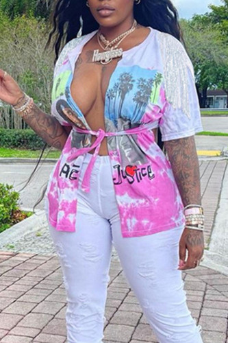 White Sexy Street Print Bandage Patchwork Asymmetrical T-Shirts