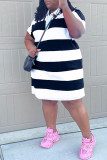 Pink Fashion Casual Plus Size Striped Print Basic Turndown Collar Short Sleeve Dress