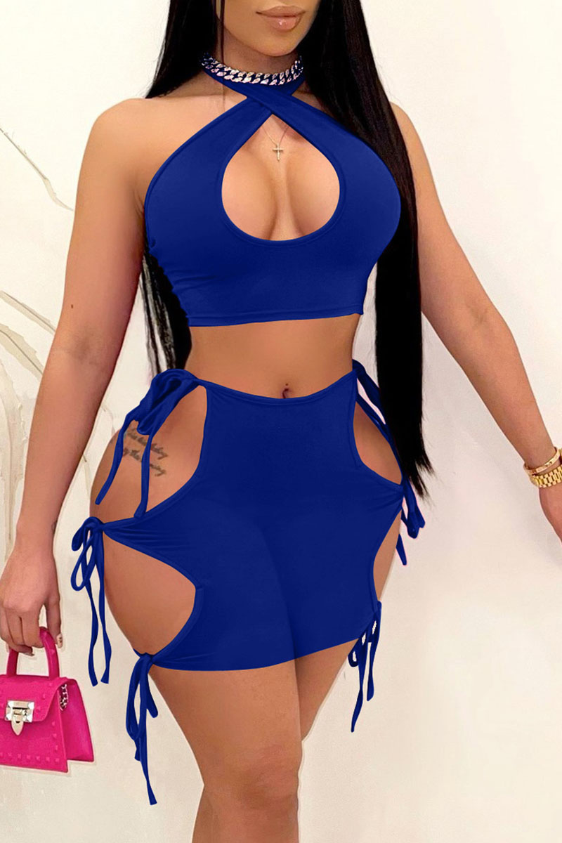 

Blue Sexy Solid Bandage Hollowed Out Backless Halter Sleeveless Two Pieces