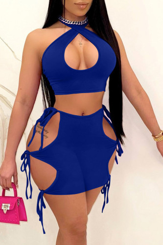 Blue Sexy Solid Bandage Hollowed Out Backless Halter Sleeveless Two Pieces