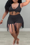 Black Sexy Casual Solid Tassel V Neck Sleeveless Two Pieces