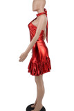 Red Sexy Solid Patchwork Backless Flounce Halter A Line Dresses