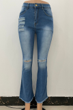 Blå Sexig Solid Ripped Mid Waist Boot Cut Denim Jeans