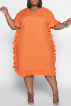 Vestido de manga corta con cuello en V básico de patchwork liso informal de moda naranja Vestidos de talla grande