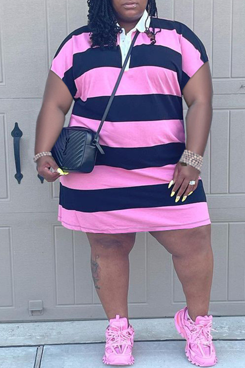 

Pink Fashion Casual Plus Size Striped Print Basic Turndown Collar Short Sleeve Dress