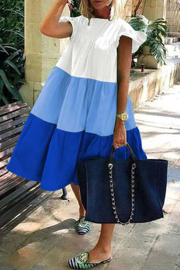 Синие повседневные однотонные платья в стиле пэчворк с круглым вырезом