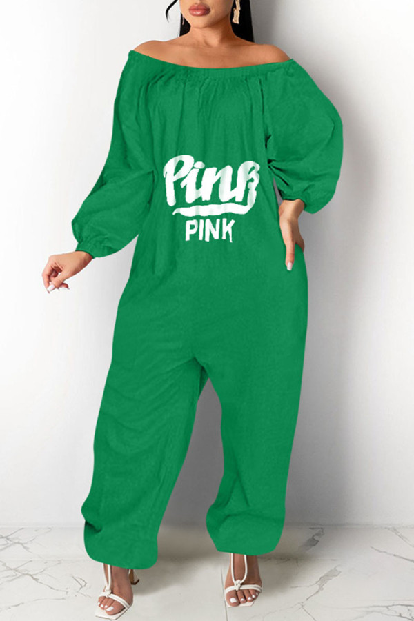Groene losse losse jumpsuits met patchwork-print en off-shoulder