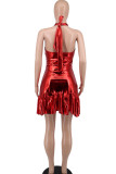 Red Sexy Solid Patchwork Backless Flounce Halter A Line Dresses