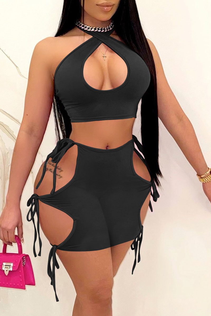 

Black Sexy Solid Bandage Hollowed Out Backless Halter Sleeveless Two Pieces