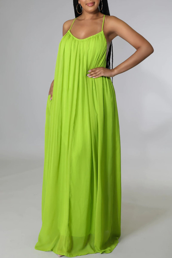 Grünes, lässiges, solides Patchwork-Kleid mit rückenfreiem Spaghettiträger und Sling-Kleid