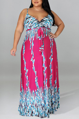 Red Fashion Sexy Casual Print Backless Spaghetti Strap Long Dress Plus Size Dresses