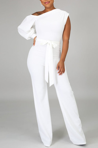 White Fashion Casual Solid Split Joint Asymmetrical Asymmetrical Collar Straight Jumpsuits