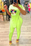 Fluorescent Green Fashion Casual Letter Lips Printed Patchwork Asymmetrical O Neck Short Sleeve Two Pieces