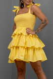 Yellow Sweet Solid Bandage Patchwork Flounce Spaghetti Strap Cake Skirt Dresses