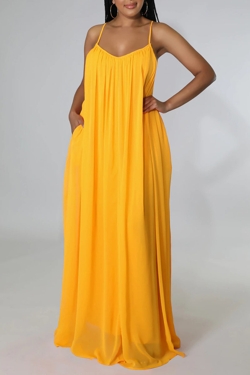 

Yellow Casual Solid Split Joint Backless Spaghetti Strap Sling Dress Dresses