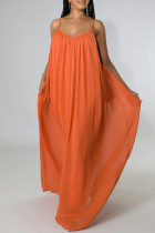 Orange Red Casual Solid Patchwork Backless Spaghetti Strap Sling Dress Dresses
