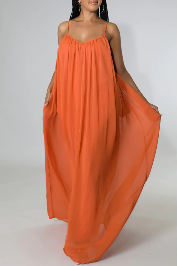 オレンジ レッド カジュアル ソリッド パッチワーク バックレス スパゲッティ ストラップ スリング ドレス ドレス