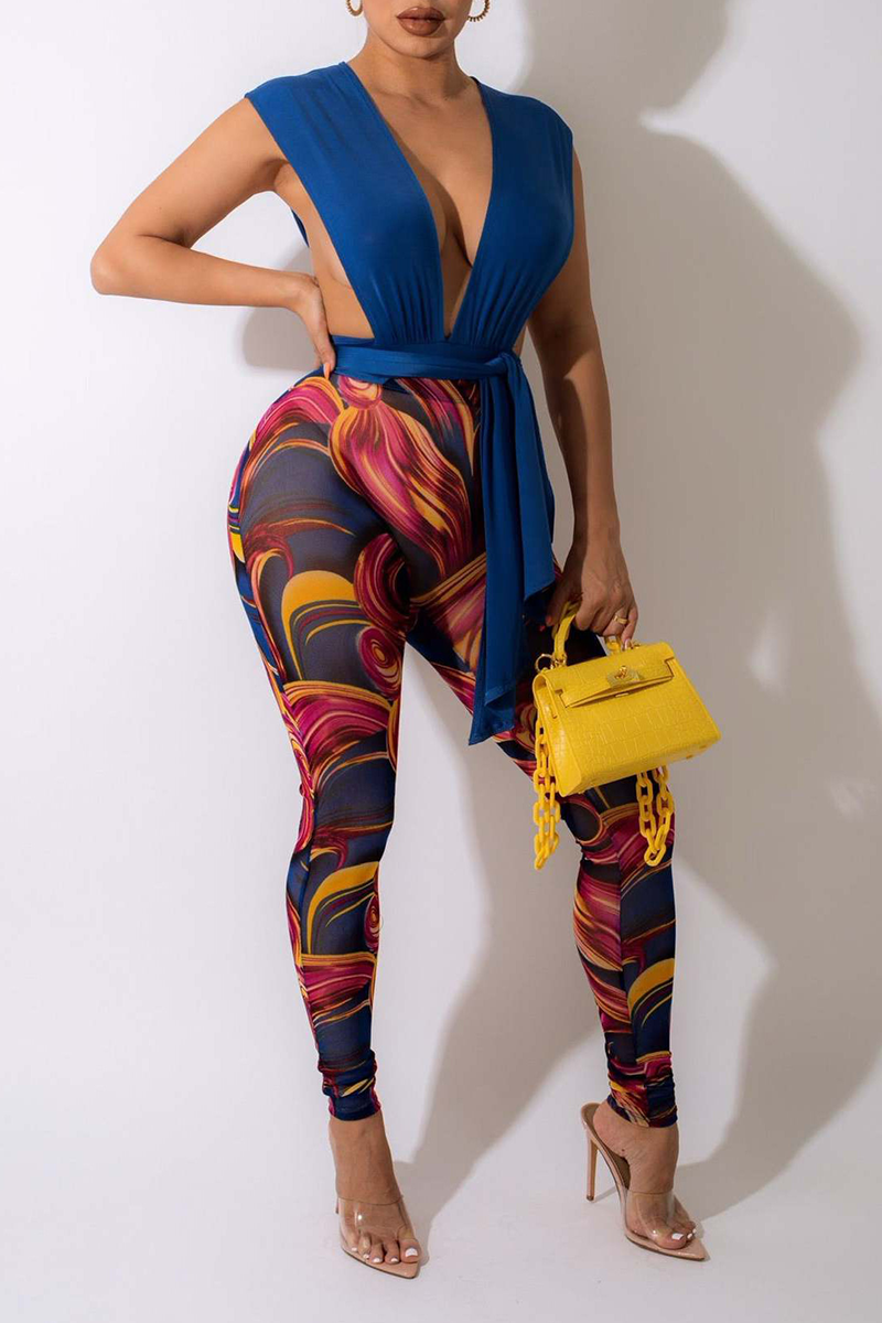 

Blue Sexy Print Split Joint V Neck Sleeveless Two Pieces