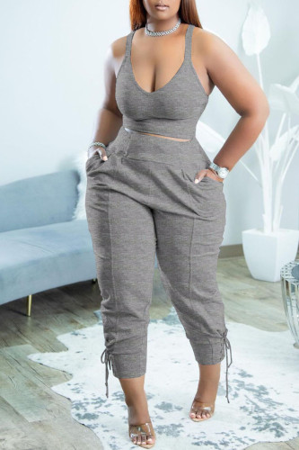 Grey Casual Solid Split Joint Spaghetti Strap Sleeveless Two Pieces