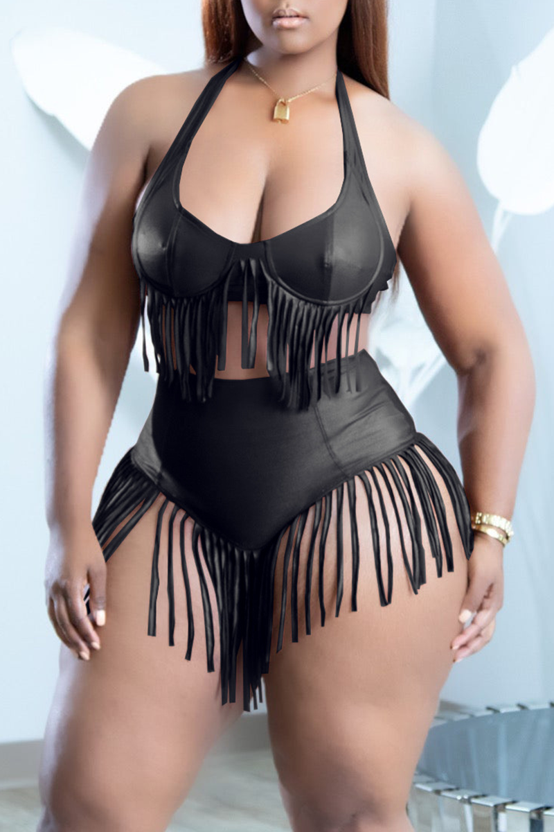 

Black Sexy Solid Tassel Swimwears